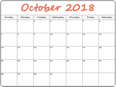 Printable October Calendar 2018 Calendar Printables Print Calendar