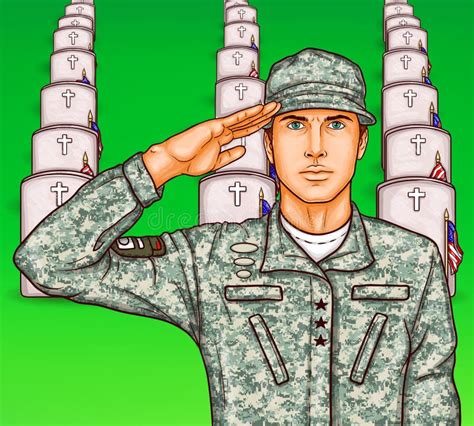 Vector Pop Art Soldier Render Military Salute On The Background Of Rows
