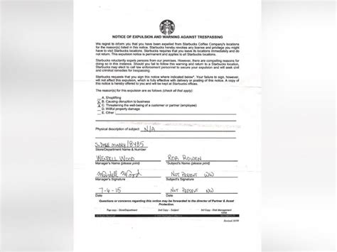 Fill out, securely sign, print or email your form letter how to ban someone from my business property instantly with signnow. Starbucks Revokes Ban on Man Who Asked Patrons Not to Park ...