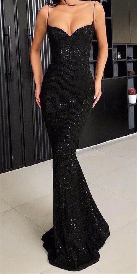 A Line Spaghetti Straps Black Sparkle Long Prom Dresses With Pockets V