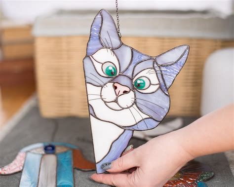 Peeking Cat Stained Glass Suncatcher Cat Lover T Stained Etsy