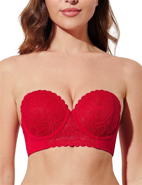 Deyllo Womens Push Up Strapless Bra Lace Underwire Full Coverage Multiway Invisible Brasred