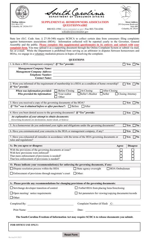 South Carolina Supplemental Homeowners Association Questionnaire