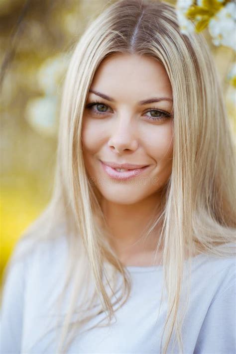 Beautiful Blonde Girl Face In Spring Garden Stock Image Image Of