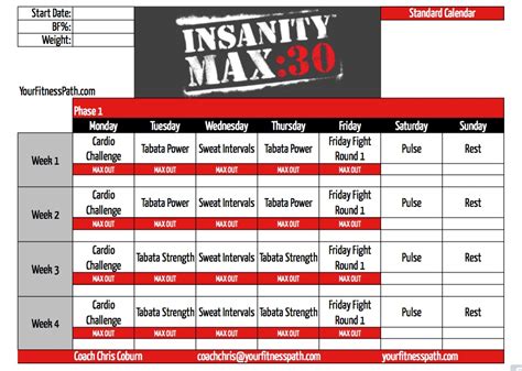 Insanity Max 30 Workout Schedule Excel