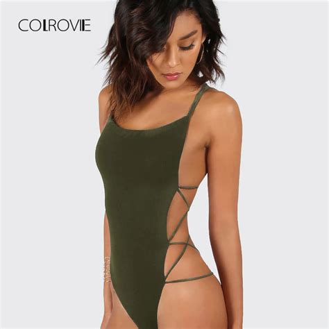 Colrovie Army Green Criss Cross Strappy Backless Sexy Bodysuit Summer Mid Waist Night Out