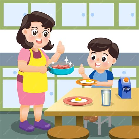 Madre E Hijo Cocinando El Desayuno Juntos Vector Premium