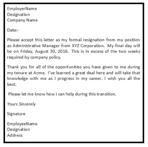 sample resignation letter letter  resignation