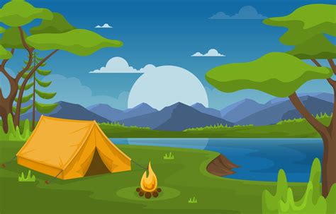 Camping Tent And Campfire By River At Night 2040376 Vector Art At Vecteezy