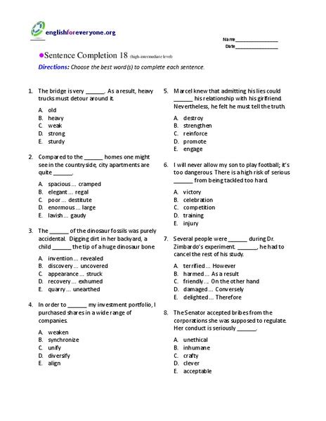 sentence completion 18 worksheet for 6th 8th grade lesson planet