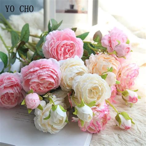 yo cho rose artificial flowers 3 heads white peonies silk flowers red