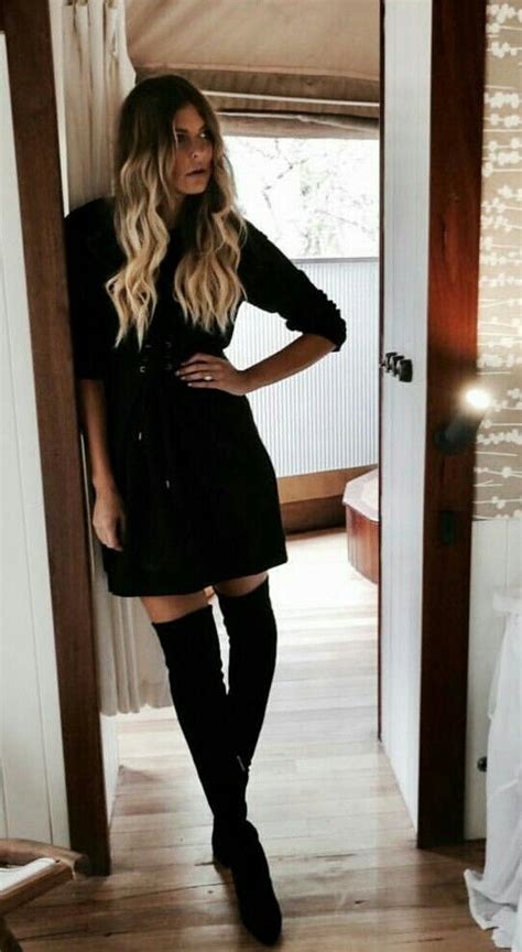 Black Dress And Over The Knee Boots Black Dress Fashion Over The