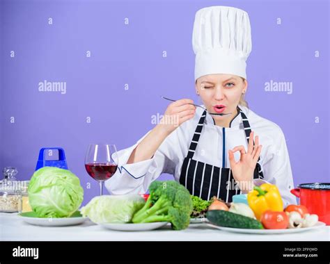 Girl In Hat And Apron Cooking Healthy Food Fresh Vegetables