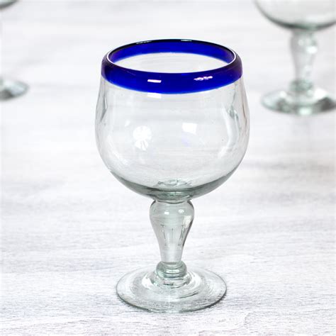 Cobalt Blue Rim Hand Blown 18 Oz Wine Glasses Set Of 4 Cobalt Kiss Novica