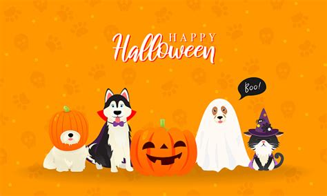 Happy Halloween Greeting Card Vector Illustration Cute Cat And Dogs In