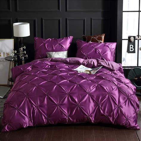 Dark Purple Bedding Pintuck Silk Like Satin Duvet Cover Set Pinch