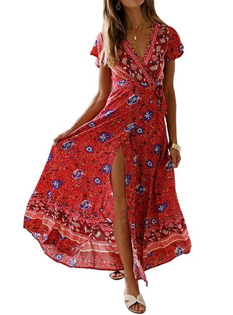 Exlura Womens Summer Boho Floral Printed V Neck Faux Wrap Short Sleeve Split Maxi Dress With