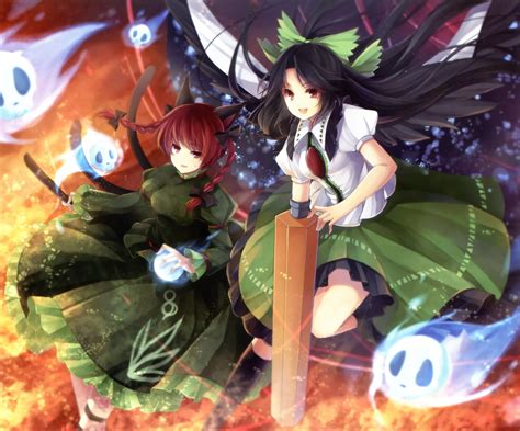 Brunettes Skulls Touhou Wings Fire Redheads Hell Skirts Long