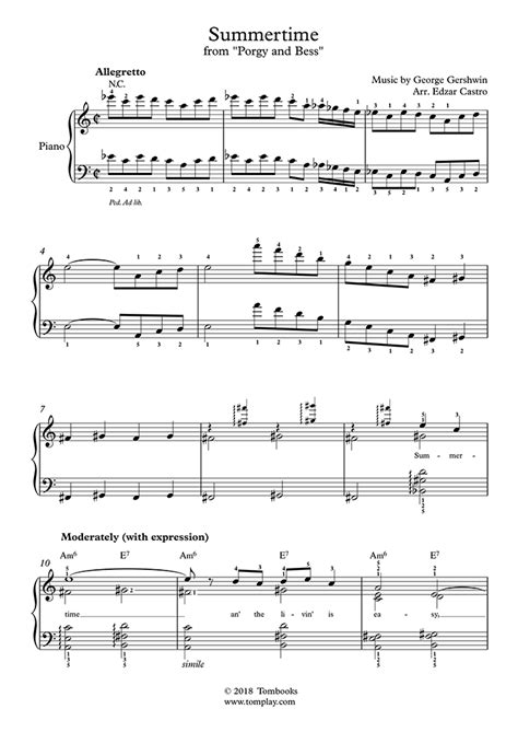 Top 10 easy piano solos piano sheet music bluebird music. Piano Sheet Music Summertime (Intermediate/Advanced Level ...