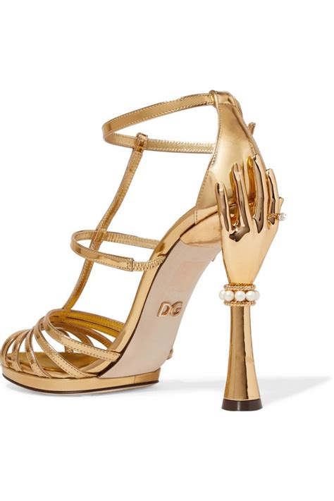 Gold Womens Dolce And Gabbana Sandals Embellished Mirrored Leather