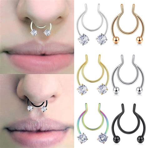 1piece Fake Septum Nose Hoop Rings Stainless Steel Cubic Zirconia Faux Lip Ear Nose Septum Ring