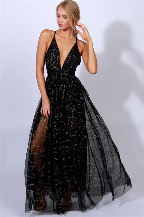 Gown To Party Detailed Maxi Black Gold Beautiful Gown With Tulle Cover And Gold Detailing