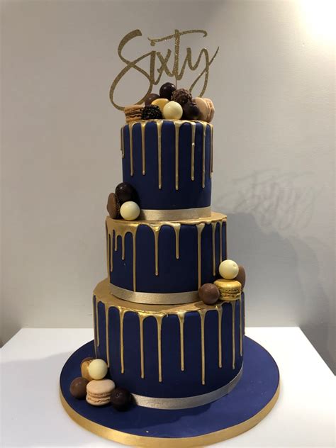 Casserole dish, cake pan, and other substitutions. Gold Drip and Navy 60th Birthday Cake - Etoile Bakery