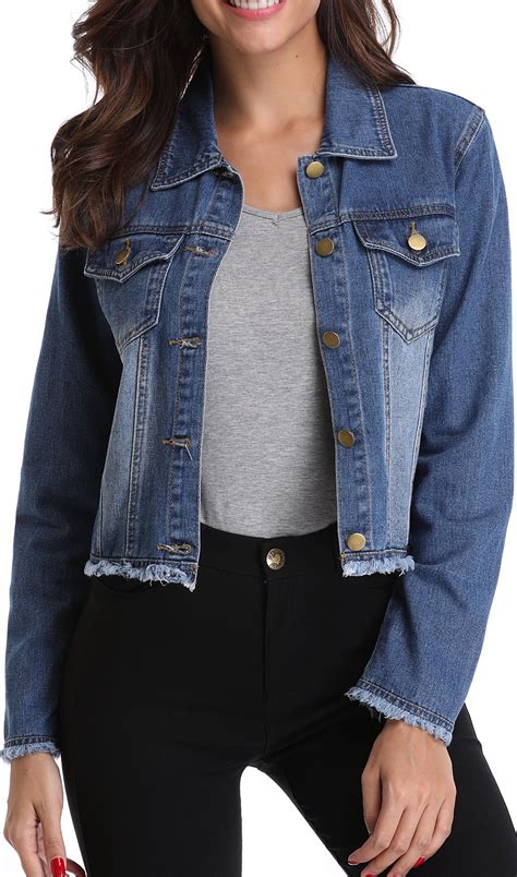 Miss Moly Jean Jacket Womens Frayed Washed Button Up Cropped Denim Jacket W 2 Side Pockets