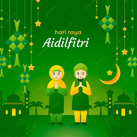 Premium Vector Flat Design Hari Raya Aidalfitri People Greeting