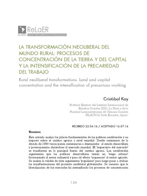 kay c 2016 la transformacion neoliberal del mundo rural pdf pdf neoliberalismo agricultura