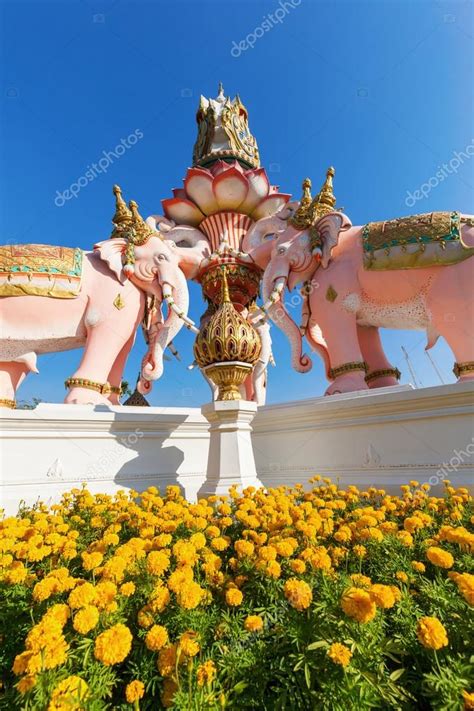 Pink Elephant Statue Near Temple Wat Phra Kaew In Bangkok Thailand