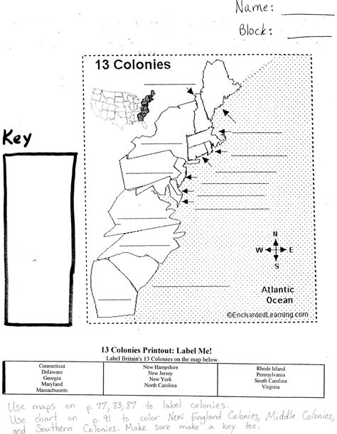 Thirteen Colonies Map Worksheet Answers