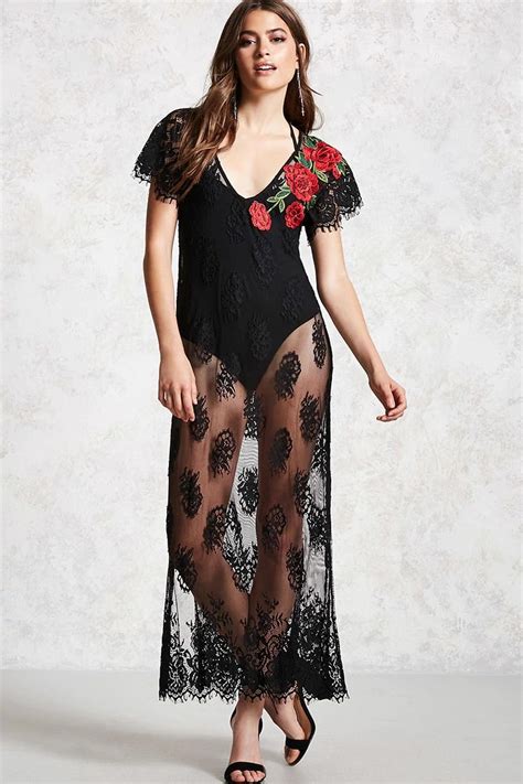forever 21 contemporary a sheer floral lace maxi dress featuring a v neckline contrast floral