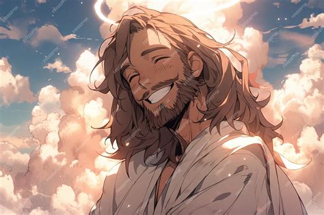 Jesus Anime Sonriendo Con Nubes Ilustración Generativa Ai Foto Premium
