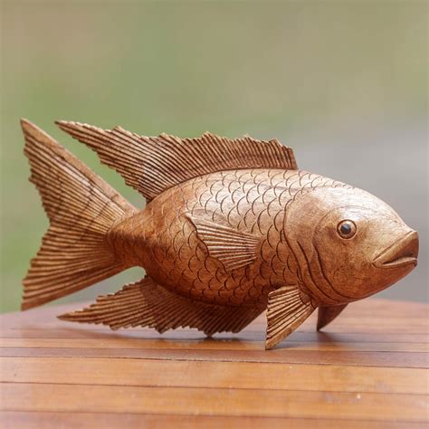 Unicef Market Hand Carved Wood Detailed Sculpture Goldfish