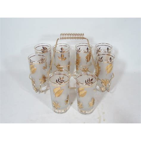 1960s Mid Century Libby Frosted Gold Leaf Glasses With Caddy Set Of 9 Chairish