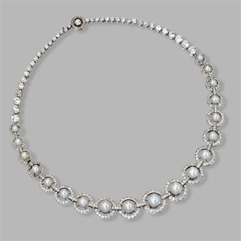 Platinum Natural Pearl And Diamond Necklace Circa 1935 Of Graduated