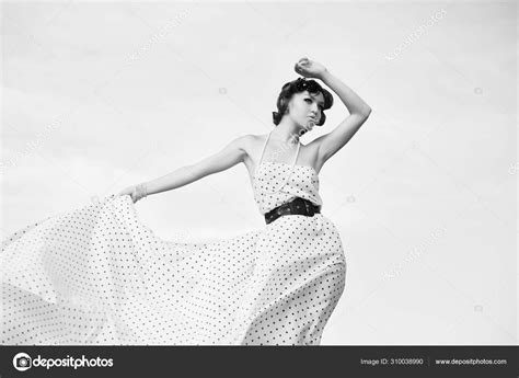 Beautiful Girl Pinup Style Woman Dotted Dress Model Posing Roof Stock
