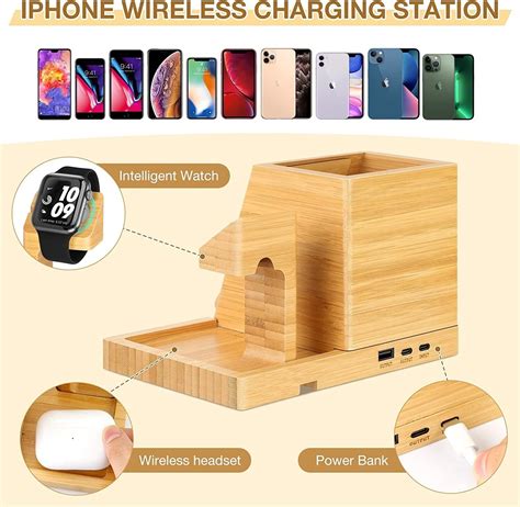 Bamboo Wireless Charging Station 3 In 1 Charging Dock With Pen Cup