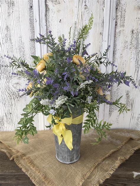 Lavender And Yellow Spring Floral Arrangement In Galvanized Etsy