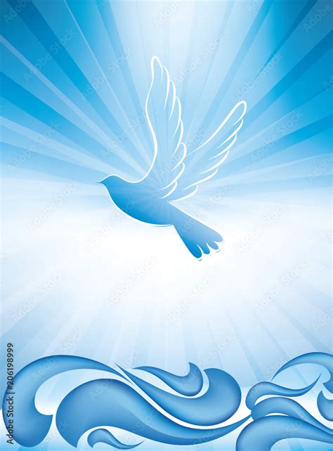 Christian Baptism Symbol With Dove And Waves Of Water On Blue
