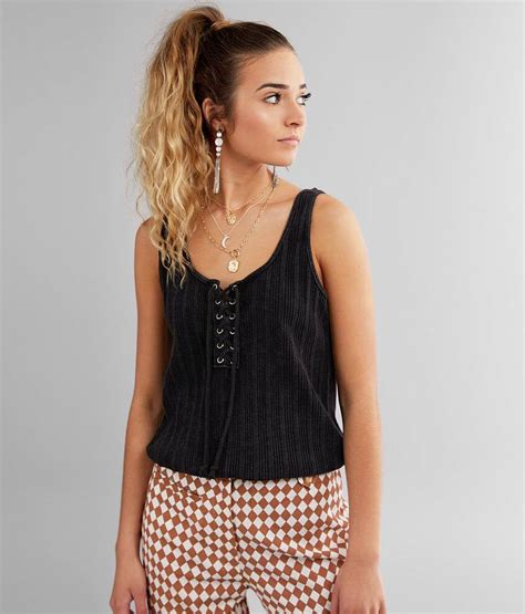 Gilded Intent Washed Lace Up Tank Top Womens Tank Tops In Washed Black Buckle