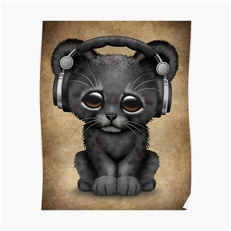 Cute Black Panther Cub Dj Wearing Headphones Poster By Jeffbartels