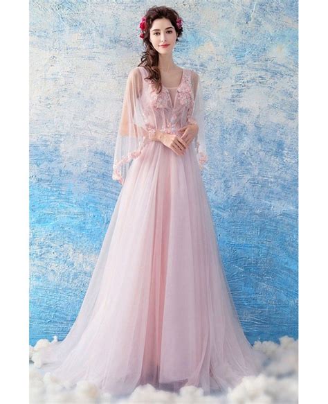 Fairy Pink Tulle Floral Cape Long Prom Dress A Line Wholesale T69268