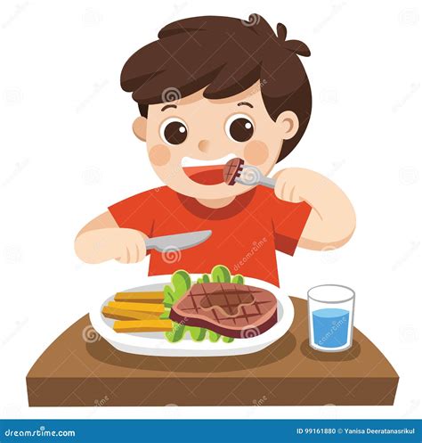 A Cute Boy Is Eating Steak With Vegetables Stock Vector Illustration