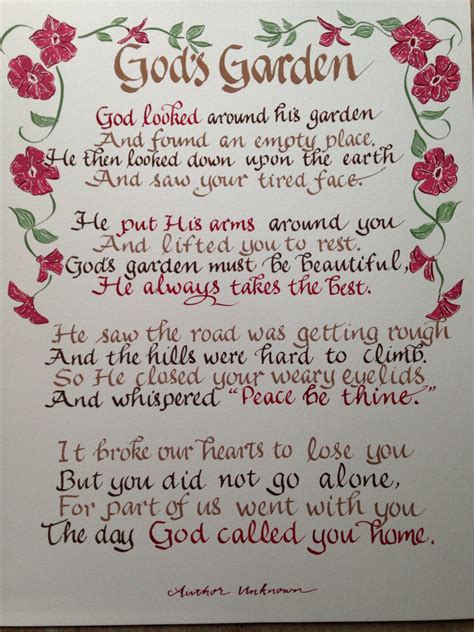 Wide selection of famous funeral poems for funeral and memorial services, eulogys or in funersl booklet at. Memorial Poem Gods Garden Funeral Poem 11 x 14 hand written
