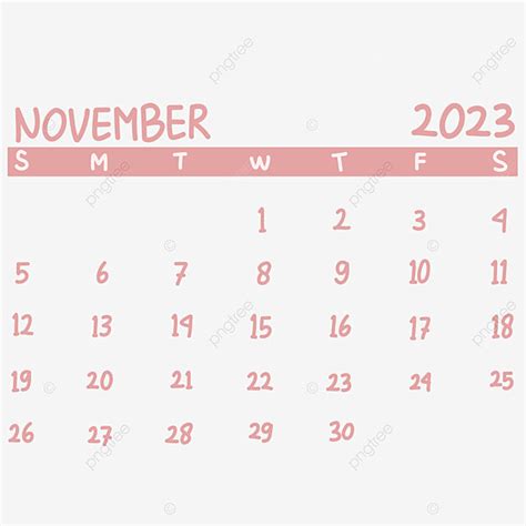 November 2023 Calendar White Transparent Pink Calendar Of November