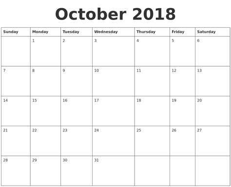 October 2018 Blank Calendar Template