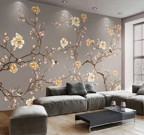 Professional Custom High End Wallpaper Hand Painted Flowers And Birds