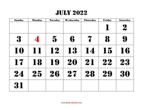 Free Download Printable July 2022 Calendar Large Font Design